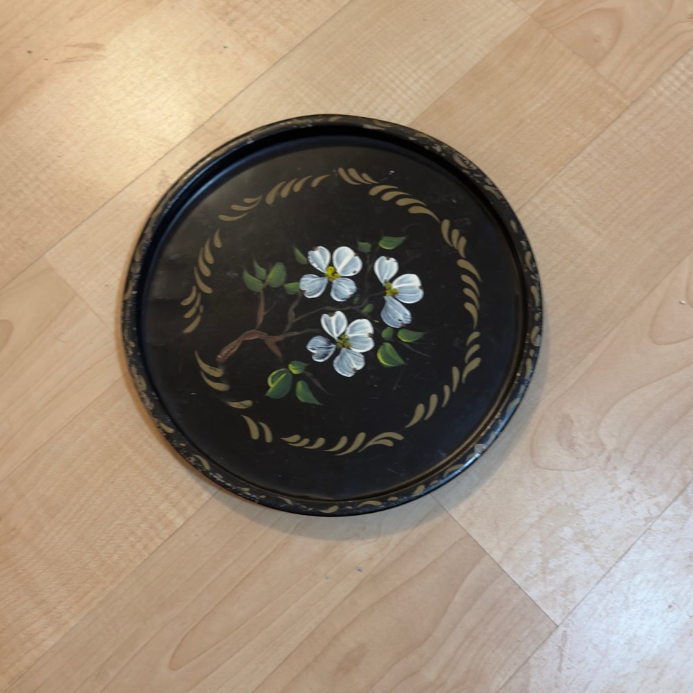 Vintage Mid Century Hand painted Toleware Tray American Black Floral Dogwood